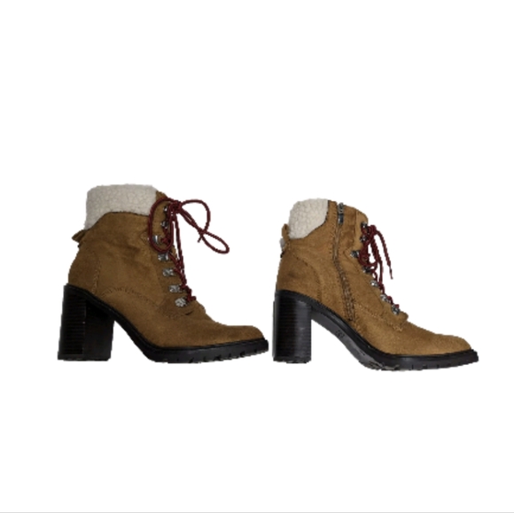 Nine West Peer 2 Sherpa Cuff Ankle Boots 9 M Construction Boot Look Heeled - Picture 10 of 14